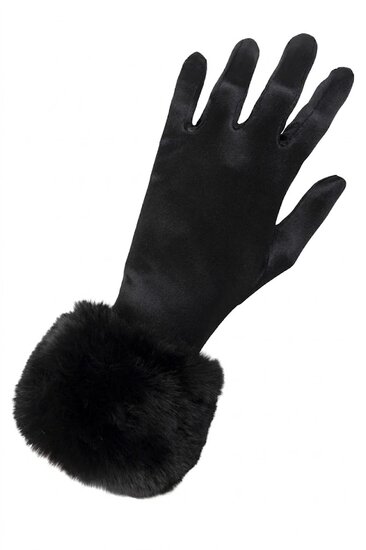Handschoen Satijn met Bontmanchetten -  Zwart