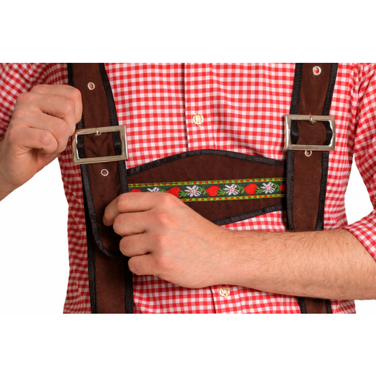 Lederhosen Johann - Verstelbare Bretels - Donkerbruin - Knielengte - Imitatie Su&egrave;de