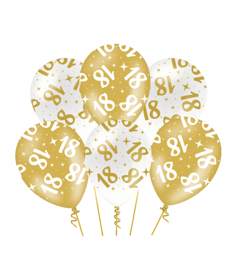 Ballonnen Fancy- 18 jaar - Wit-Goud - 6 stuks