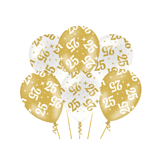 Ballonnen Fancy - 25 jaar - Wit-Goud - 6 stuks