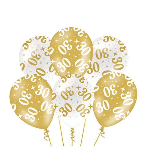 Ballonnen Fancy - 30 jaar - Wit-Goud - 6 stuks