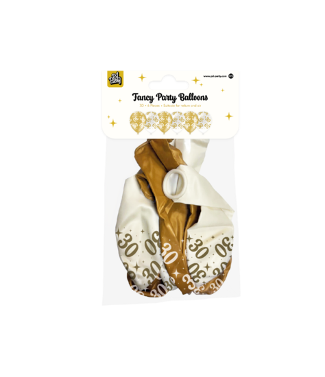 Ballonnen Fancy - 30 jaar - Wit-Goud - 6 stuks