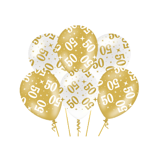 Ballonnen Fancy - 50 jaar - Wit-Goud - 6 stuks