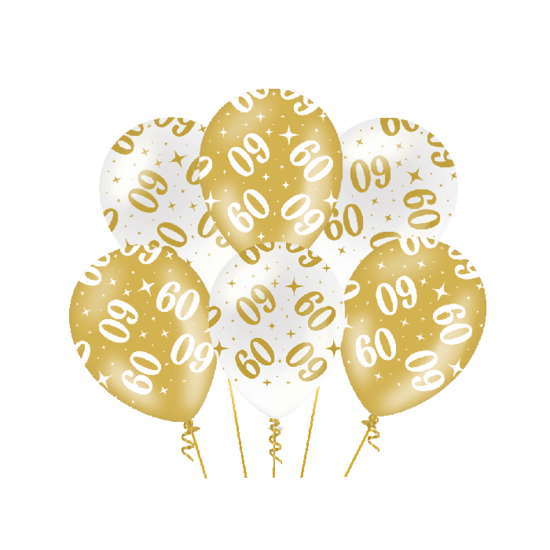 Ballonnen Fancy - 60 jaar - Wit-Goud - 6 stuks