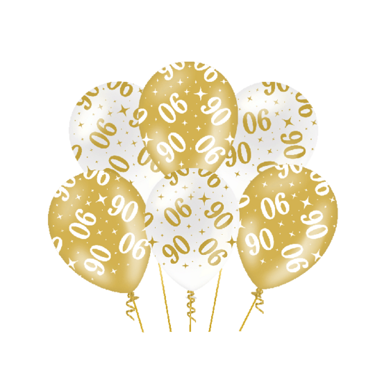 Ballonnen Fancy - 90 jaar - Wit-Goud - 6 stuks