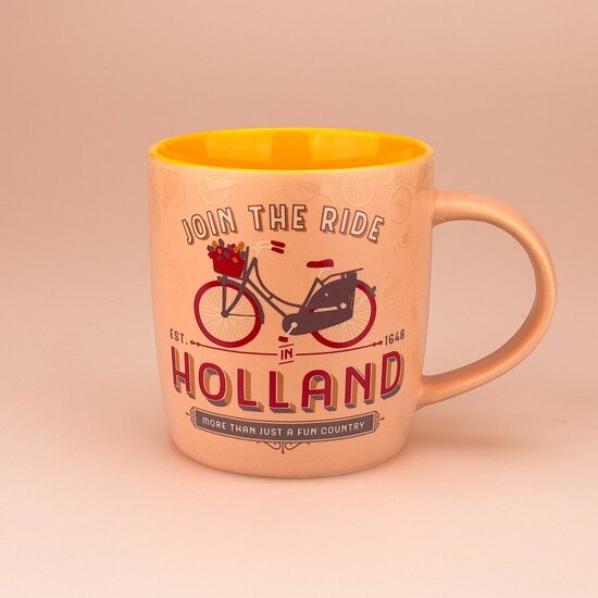 Souvenir Mok - Beker Holland Fiets - Pastel Oranje-Geel