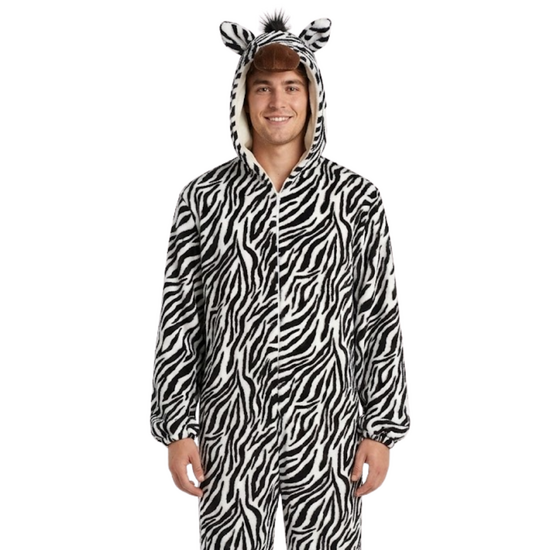 Onesie Dierenkostuum - Zebra Pluche - Volwassenen - Zwart-Wit