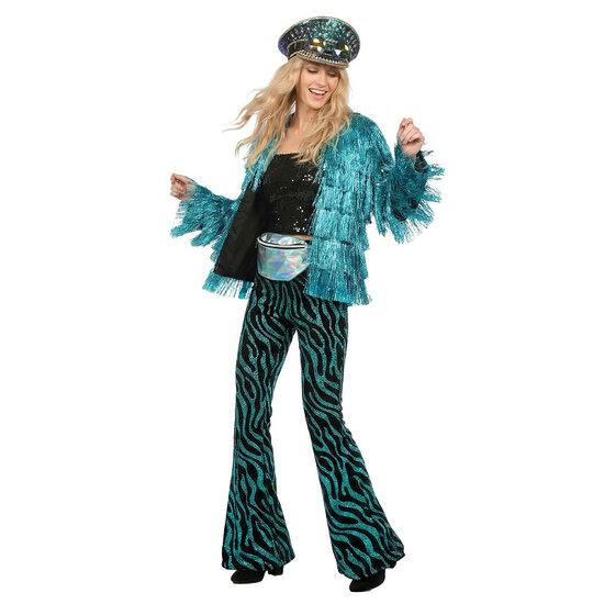 Flared Glitter Broek - Velvet Waves Turquoise - Disco Jaren 80 &amp; 90 - Dames
