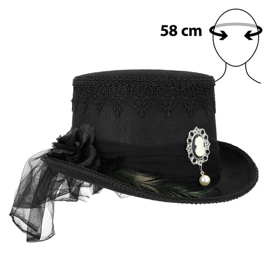 Steampunk  Gothic Hoge Hoed met Kant - Zwart