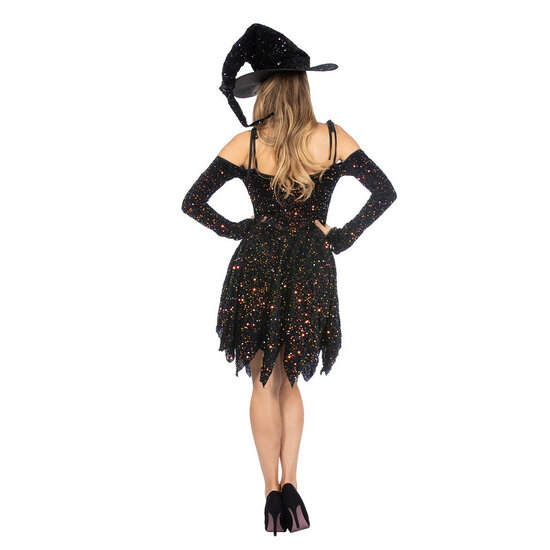 Heksenjurkje Pailletten Zwart met Hoed - Halloween Kostuum - Dames