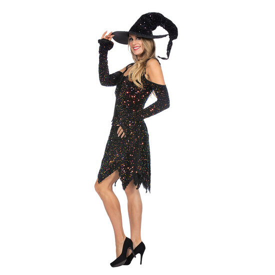 Heksenjurkje Pailletten Zwart met Hoed - Halloween Kostuum - Dames