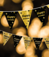 Vlaggenlijn Happy Birthday zwart-goud 10 meter