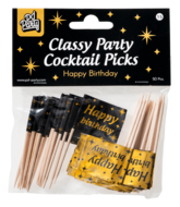 Cocktailprikkers Classy Happy Birthday zwart-goud