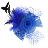 Decoratie spelt veren met bloem en tule blauw