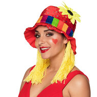 Clown rode hoed met glitters en geel haar