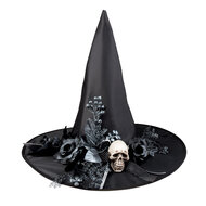 Heksenhoed zwart met decoratie van zwarte bloemen en doodshoofd