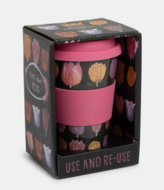 koffie mok to go tulpen zwart-roze