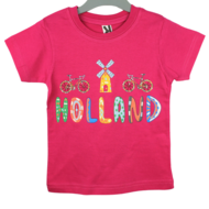 Kinder t-shirt roze Holland molen en fiets