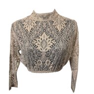 Dirndl Blouse Bloemmotief - Koffiecr&egrave;me - Kant Hoge Hals - Dames