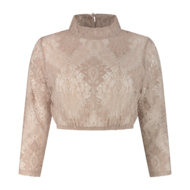 Dirndl Blouse Bloemmotief - Koffiecr&egrave;me - Kant Hoge Hals - Dames