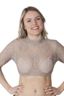 Dirndl Blouse Bloemmotief - Koffiecr&egrave;me - Kant Hoge Hals - Dames