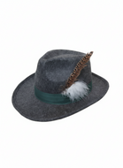 Jagershoed grijs met brede rand en veren, zware kwaliteit vilt
