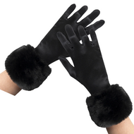 Handschoen Satijn met Bontmanchetten -  Zwart