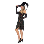 Heksenjurkje Pailletten Zwart met Hoed - Halloween Kostuum - Dames