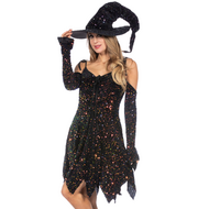 Heksenjurkje Pailletten Zwart met Hoed - Halloween Kostuum - Dames