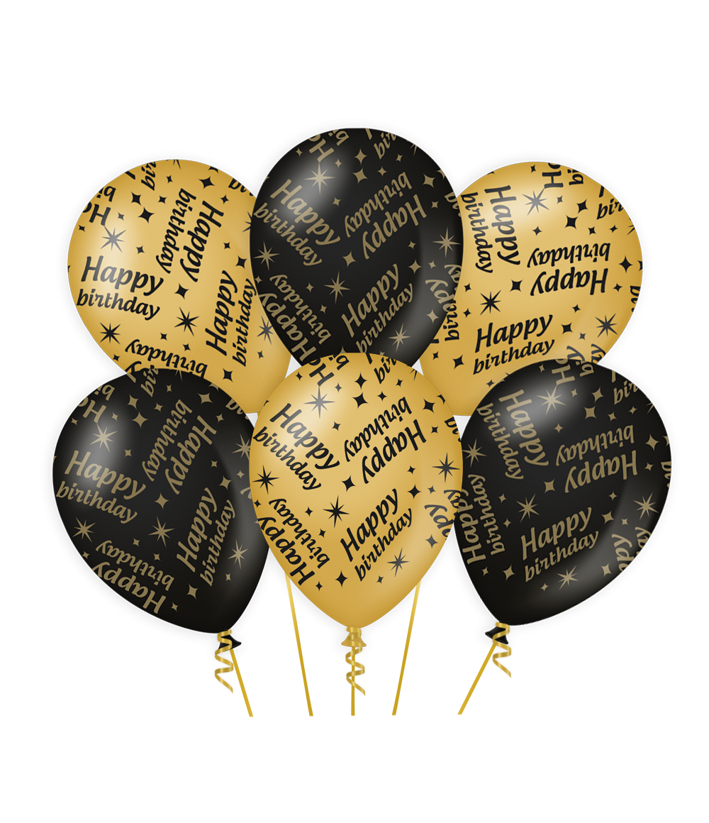 Ballonnen Happy Birthday zwart-goud 6 stuks