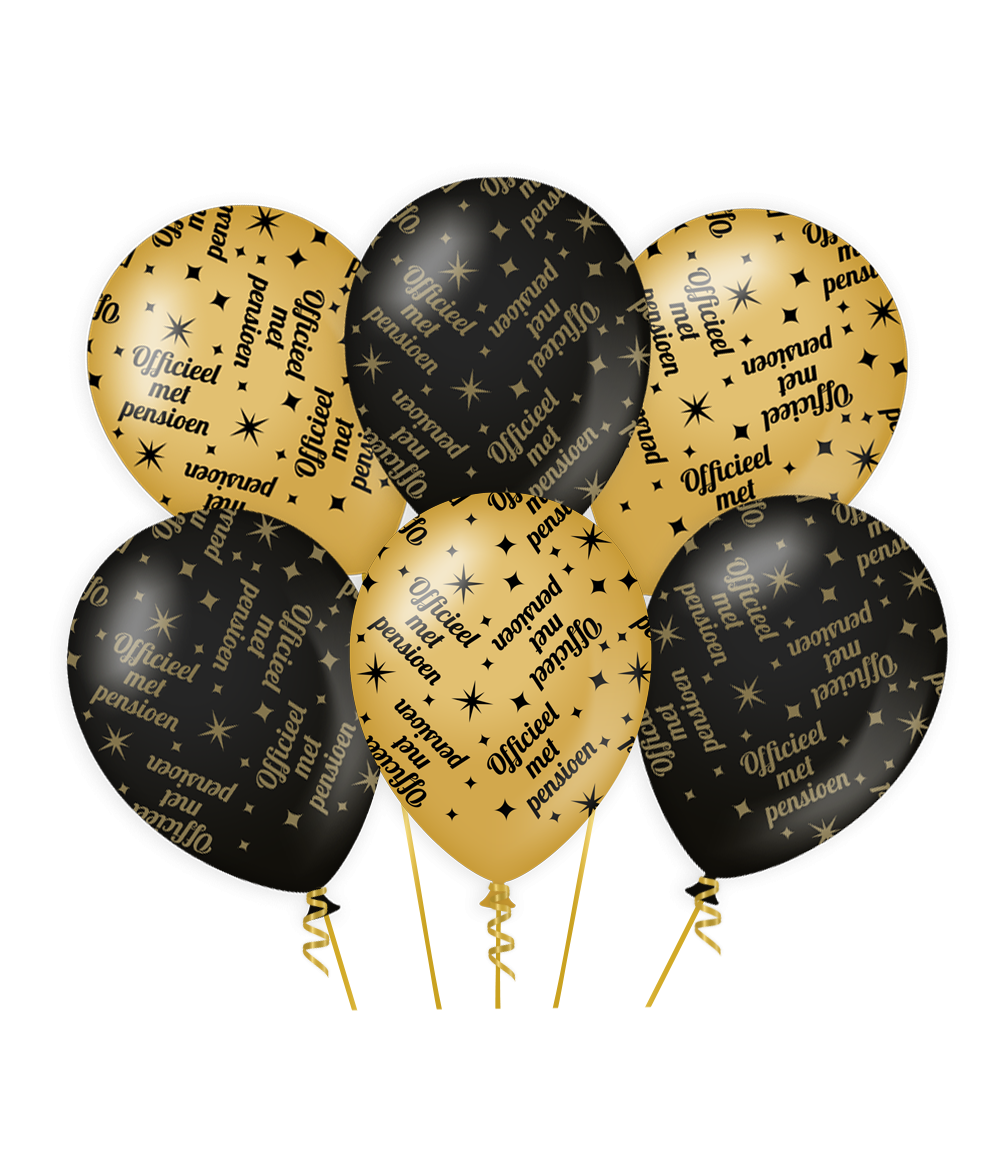 Ballonnen officieel met pensioen zwart-goud 6 stuks