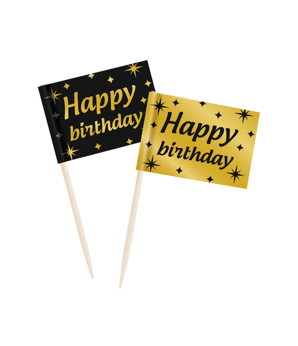 Cocktailprikkers Classy Happy Birthday zwart-goud