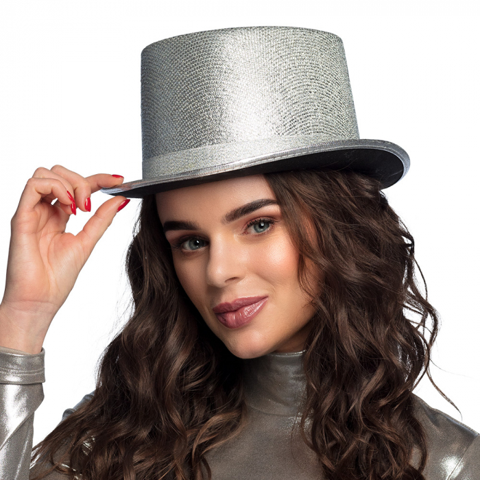 Hoge hoed Lurex zilver