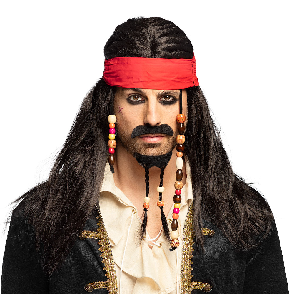 Pruik zwart Piraat Tobias met kralen en hoofband