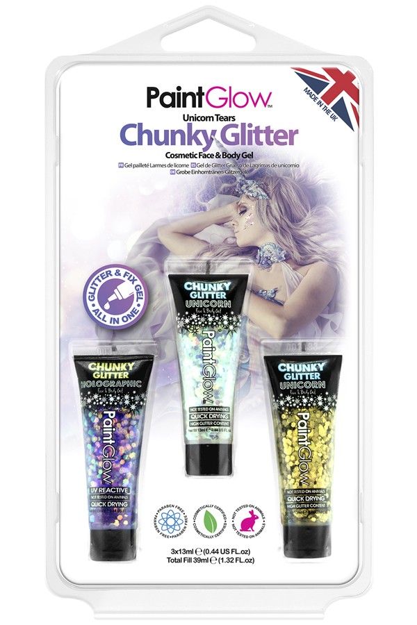 Chunky glitter face & body gel Unicorn Tears 3 stuks