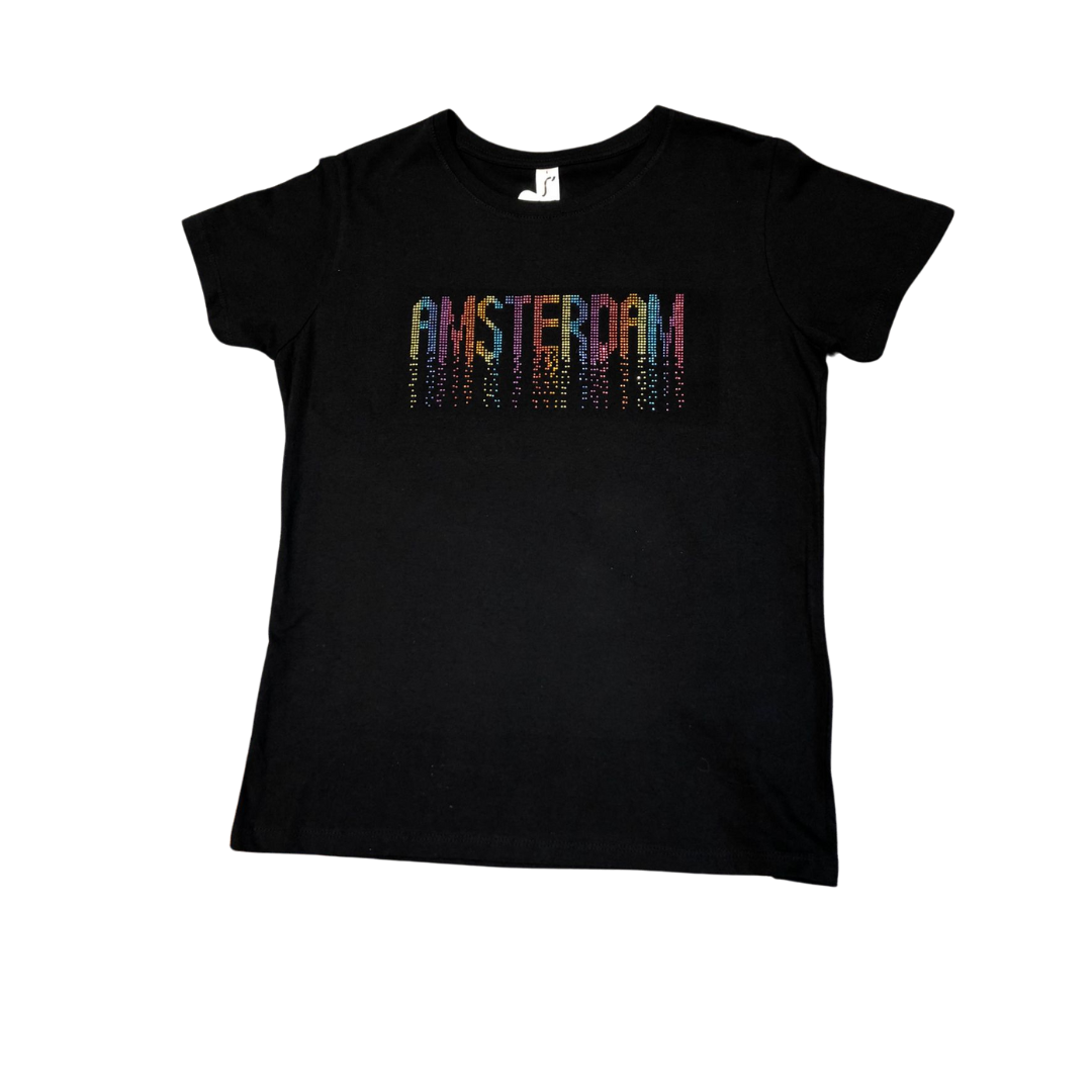 T-shirt zwart Amsterdam glitter regenboog dames