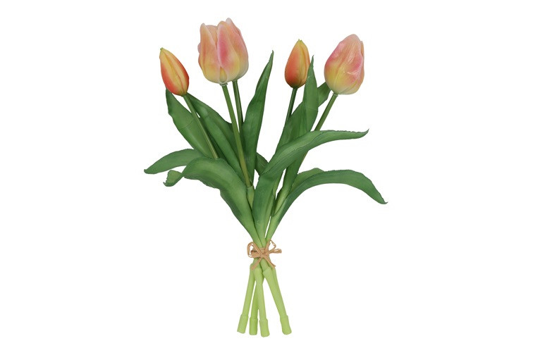 Kunstboeket Tulpen - Kunstbloem Zalm en Geel - 5 Stuks - 3D Geprint