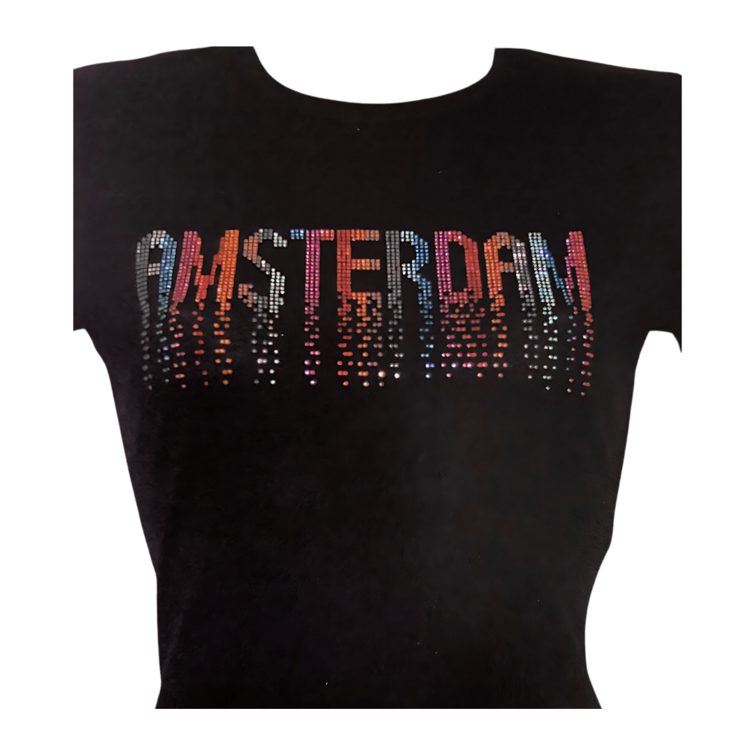 Hoofdfoto  T-shirt zwart Amsterdam glitter regenboog dames   Sleep hier een bestand naartoe of selecteer een bestand