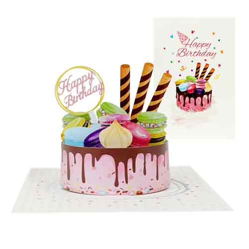 Wenskaart met een 3D afbeelding van een Happy Birthday Cake