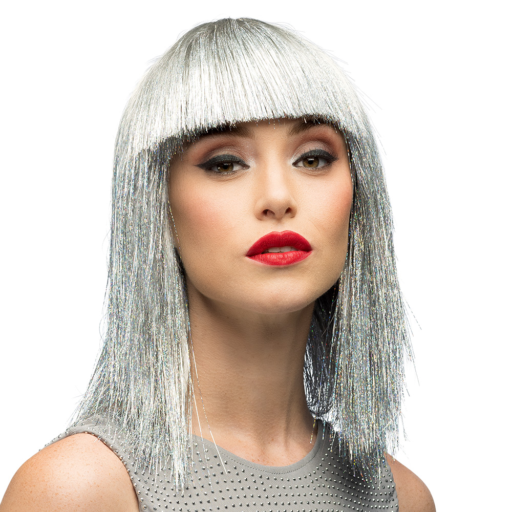 Dames Pruik - Crazy Glitter Zilver - Jaren 80 Disco