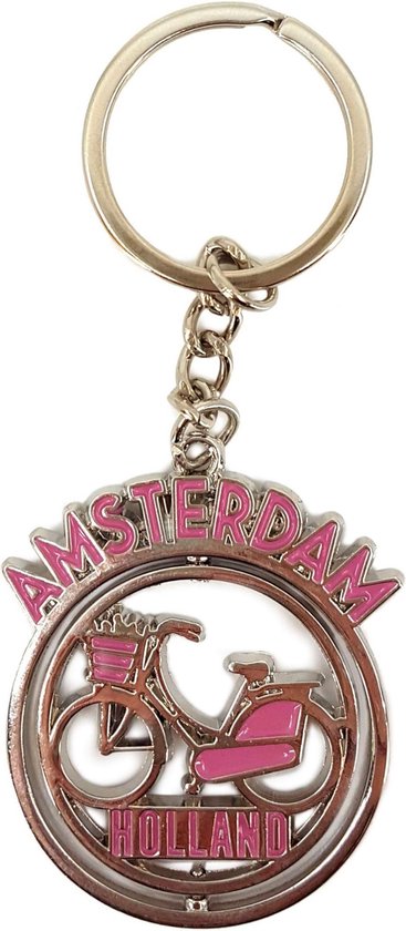 Sleutelhanger mono spinning Amsterdam fiets roze