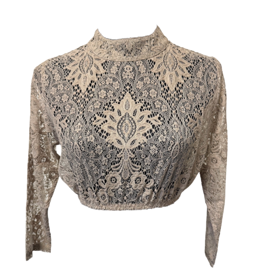 Dirndl Blouse Bloemmotief - Koffiecrème - Kant Hoge Hals - Dames
