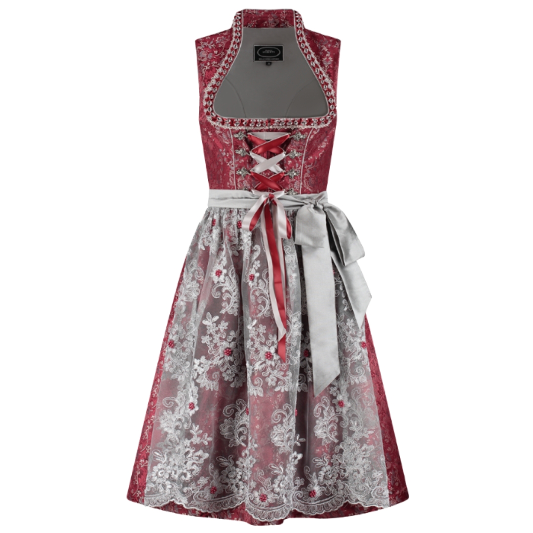 Dirndl Jurkje - Jacquard met Parel Schort - Donkerrood-Grijs - Dames