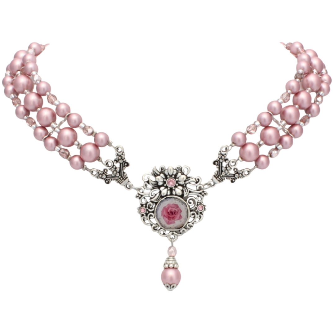 Oktoberfest - Dirndl Ketting - Ketting Roze Parel met Bloem