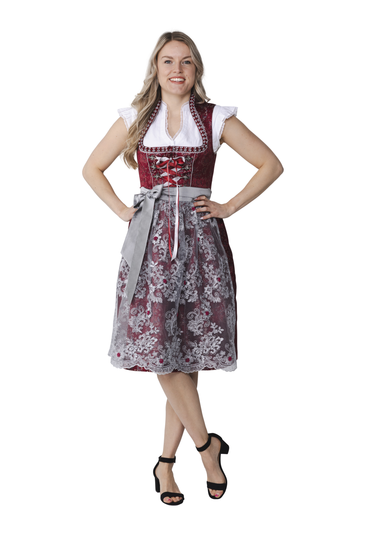 Dirndl Jurkje - Jacquard met Parel Schort - Donkerrood-Grijs - Dames