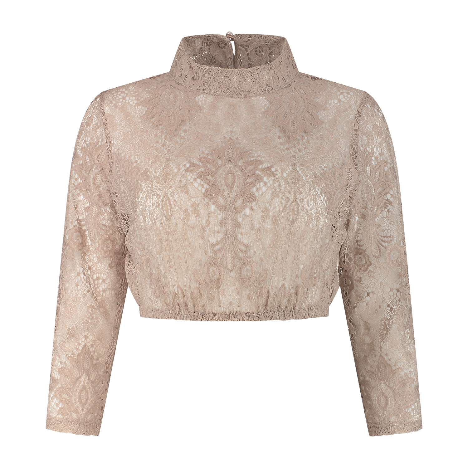 Dirndl Blouse Bloemmotief - Koffiecrème - Kant Hoge Hals - Dames