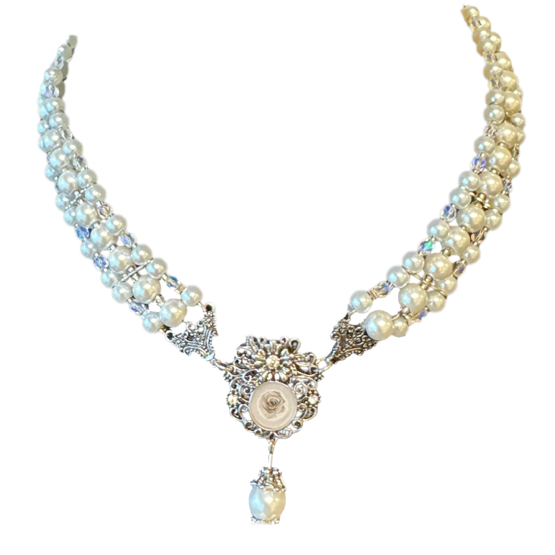 Oktoberfest - Dirndl Ketting - Parelketting met Strass Stenen Wit