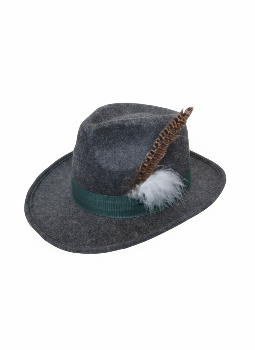 Jagershoed grijs met brede rand en veren, zware kwaliteit vilt