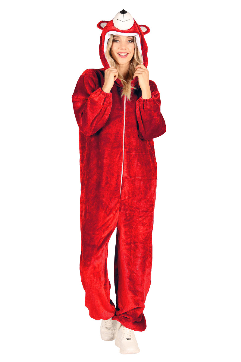 Onesie Dierenkostuum - Beer Candy Pluche  - Neon Rood - Volwassenen