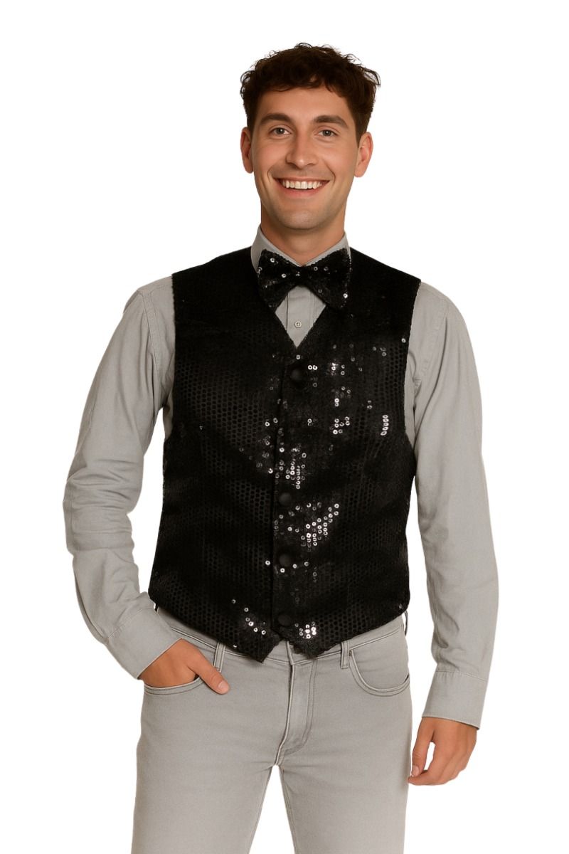 Gilet met Strikje - Paillettenvest Zwart - Heren
